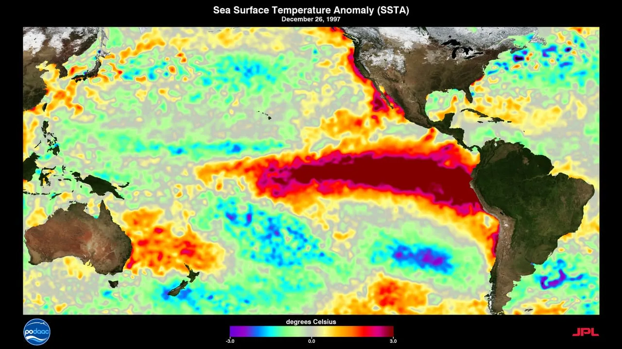 A colour map of the Pacific Ocean with a long band of warm red water near South America